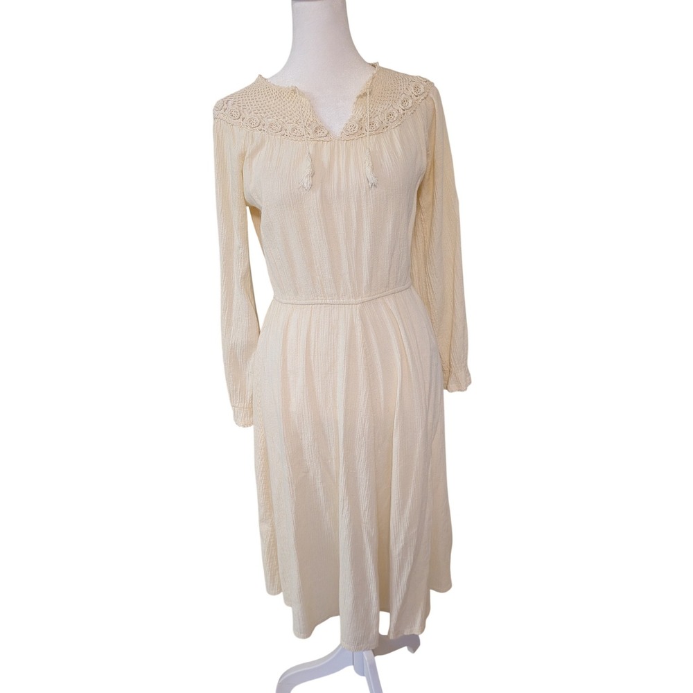 Vintage 1970s Balkan San Francisco Ivory Cotton Gauze Crochet Midi Dress Small